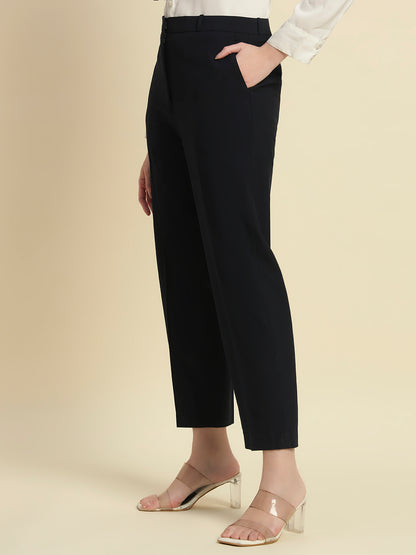 Women's Navy Blue Solid Regular Fit Formal Trouser