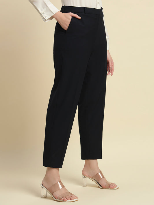 Women's Navy Blue Solid Regular Fit Formal Trouser