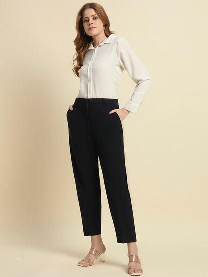 Women's Navy Blue Solid Regular Fit Formal Trouser