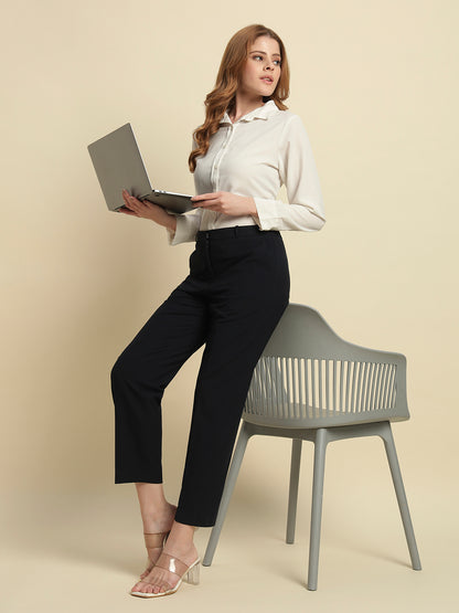Women's Navy Blue Solid Regular Fit Formal Trouser