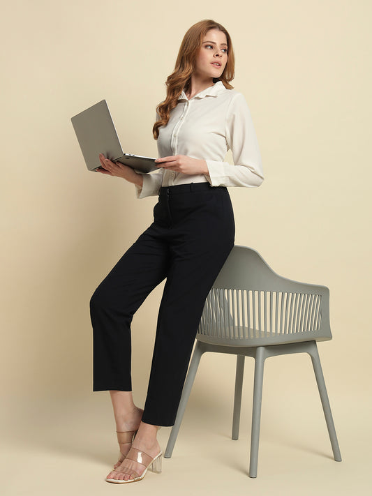 Women's Navy Blue Solid Regular Fit Formal Trouser
