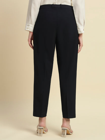 Women's Navy Blue Solid Regular Fit Formal Trouser