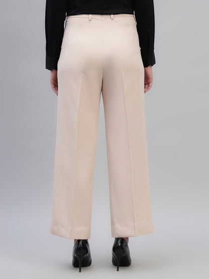 Women's Beige Solid Non Pleated Regular Fit High Waist Formal Trouser