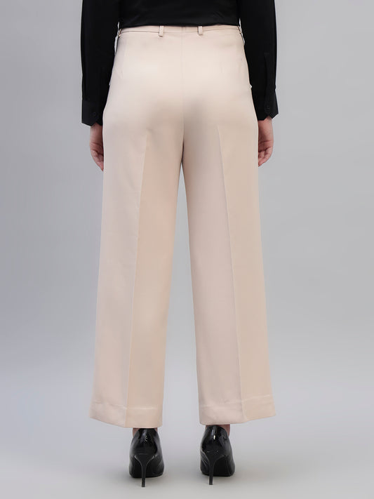 Women's Beige Solid Non Pleated Regular Fit High Waist Formal Trouser