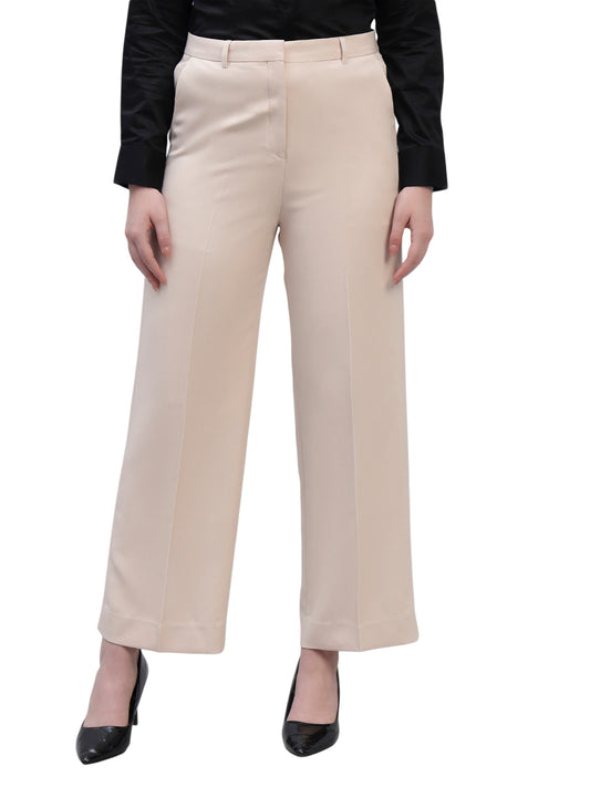 Women's Beige Solid Non Pleated Regular Fit High Waist Formal Trouser