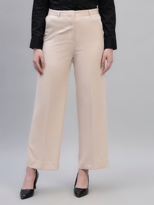 Women's Beige Solid Non Pleated Regular Fit High Waist Formal Trouser