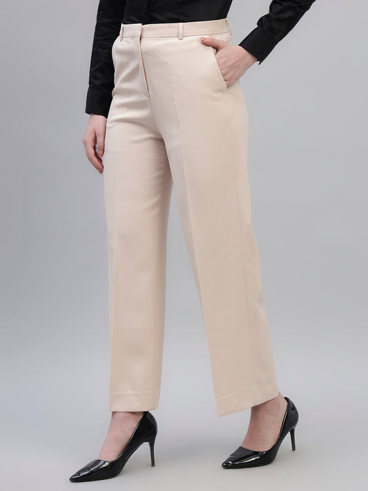 Women's Beige Solid Non Pleated Regular Fit High Waist Formal Trouser