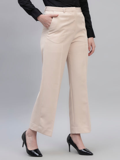 Women's Beige Solid Non Pleated Regular Fit High Waist Formal Trouser