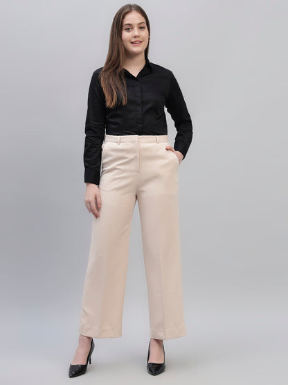 Women's Beige Solid Non Pleated Regular Fit High Waist Formal Trouser