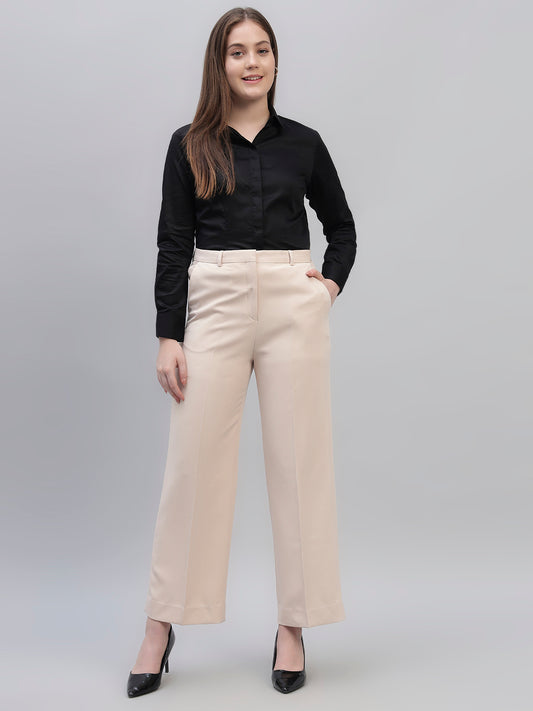 Women's Beige Solid Non Pleated Regular Fit High Waist Formal Trouser