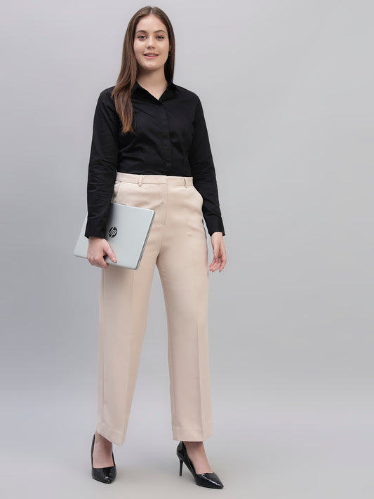 Women's Beige Solid Non Pleated Regular Fit High Waist Formal Trouser