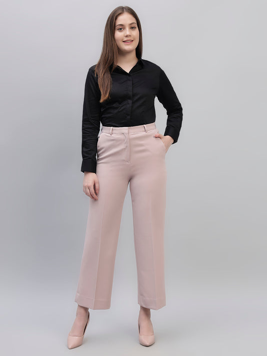 Women's Pink Solid Non Pleated Regular Fit High Waist Formal Trouser