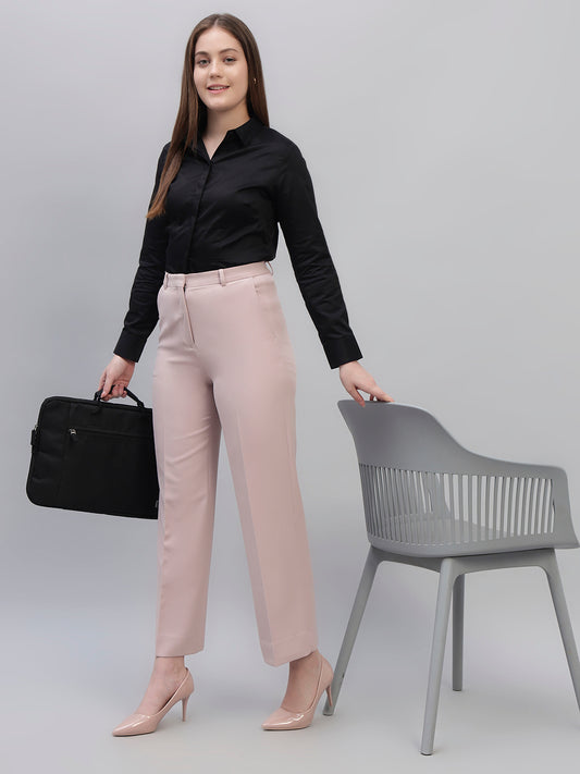 Women's Pink Solid Non Pleated Regular Fit High Waist Formal Trouser