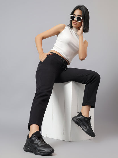 Women's Black Solid Winter Track Pant