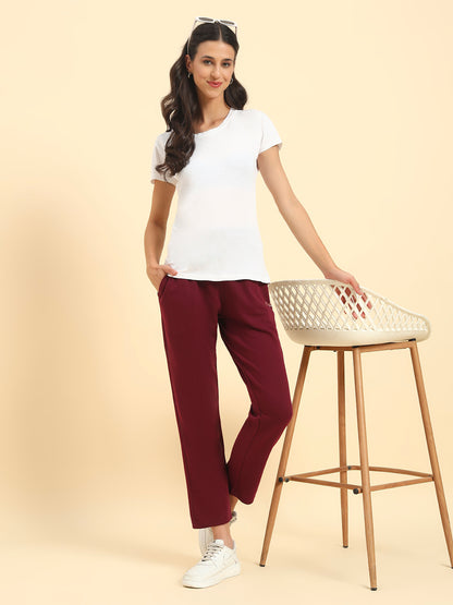 Women's Maroon Solid Regular Fit Casual Track Pant