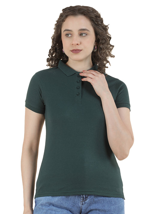 T-Shirt for Women l Breathable & Soft with Color Fastness Regular Fit Polo Neck Poly Cotton Fabric Solid Pattern