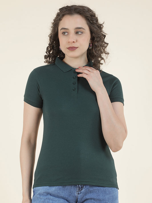 T-Shirt for Women l Breathable & Soft with Color Fastness Regular Fit Polo Neck Poly Cotton Fabric Solid Pattern