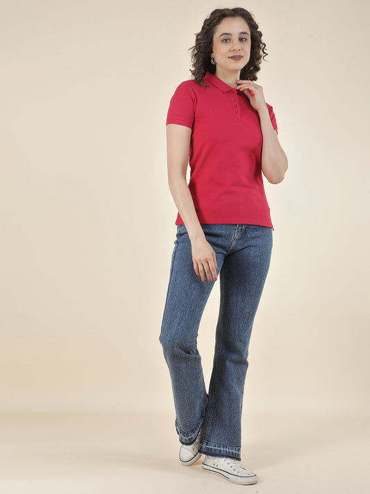T-Shirt for Women l Breathable & Soft with Color Fastness Regular Fit Polo Neck Poly Cotton Fabric Solid Pattern