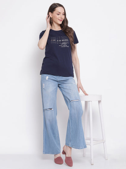 Women's Printed Navy Blue Regular Fit Round Neck Half Sleeve Casual T-Shirt