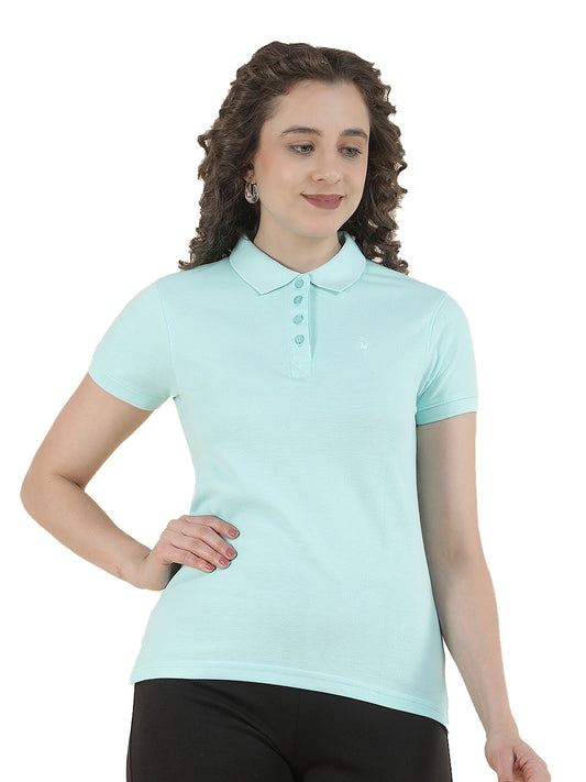 T-Shirt for Women l Breathable & Soft with Color Fastness Regular Fit Polo Neck Poly Cotton Fabric Solid Pattern
