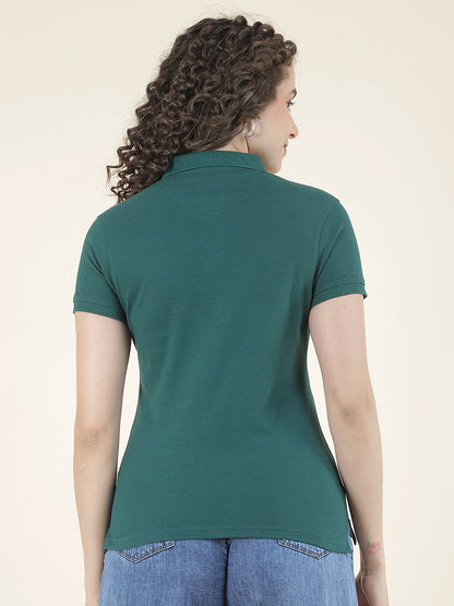 Ladie's Green Regular Fit Solid Half Sleeve Casual T-Shirt