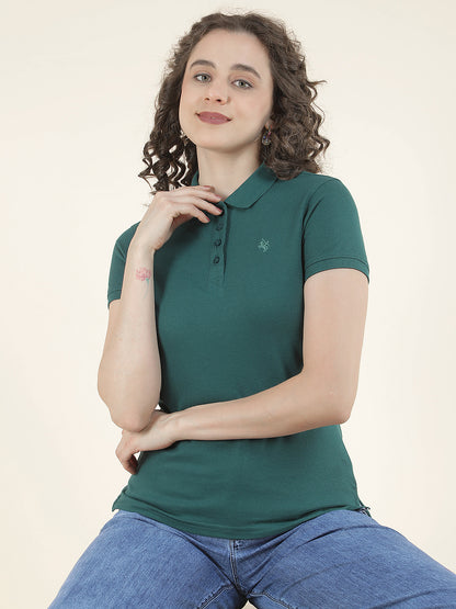 Ladie's Green Regular Fit Solid Half Sleeve Casual T-Shirt