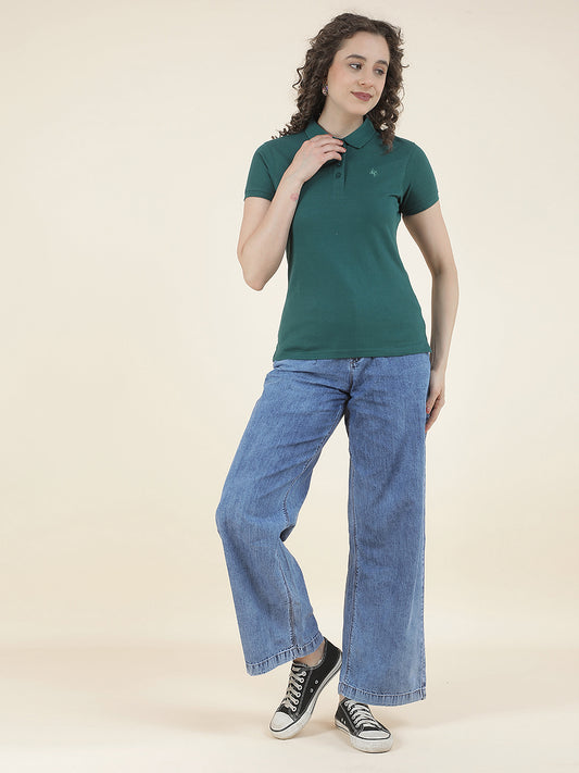 T-Shirt for Women l Breathable & Soft with Color Fastness Regular Fit Polo Neck Poly Cotton Fabric Solid Pattern