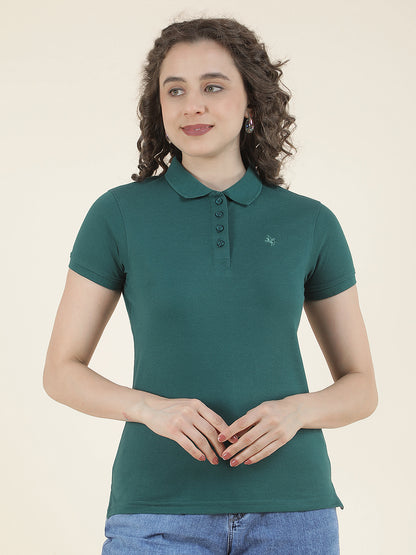 Ladie's Green Regular Fit Solid Half Sleeve Casual T-Shirt
