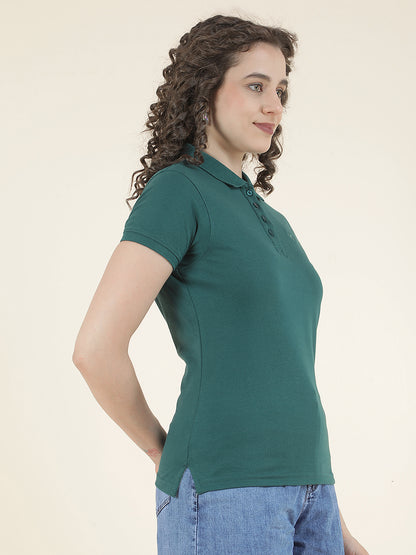 Ladie's Green Regular Fit Solid Half Sleeve Casual T-Shirt