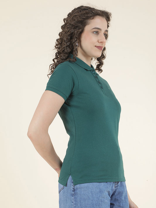 Ladie's Green Regular Fit Solid Half Sleeve Casual T-Shirt