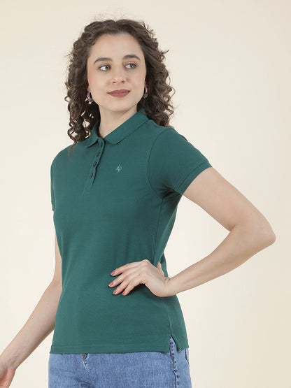 Ladie's Green Regular Fit Solid Half Sleeve Casual T-Shirt
