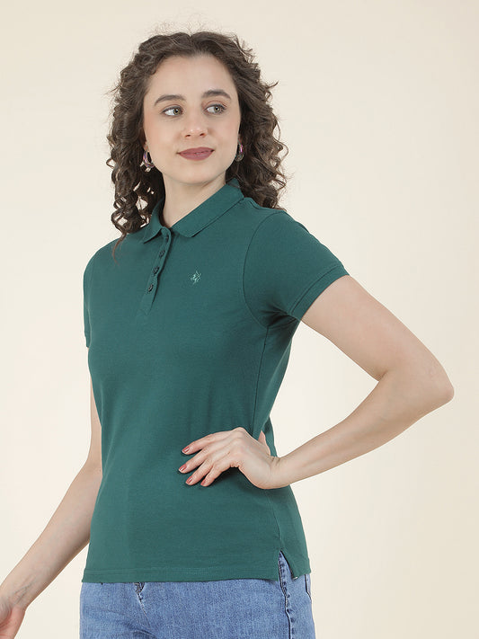 Ladie's Green Regular Fit Solid Half Sleeve Casual T-Shirt