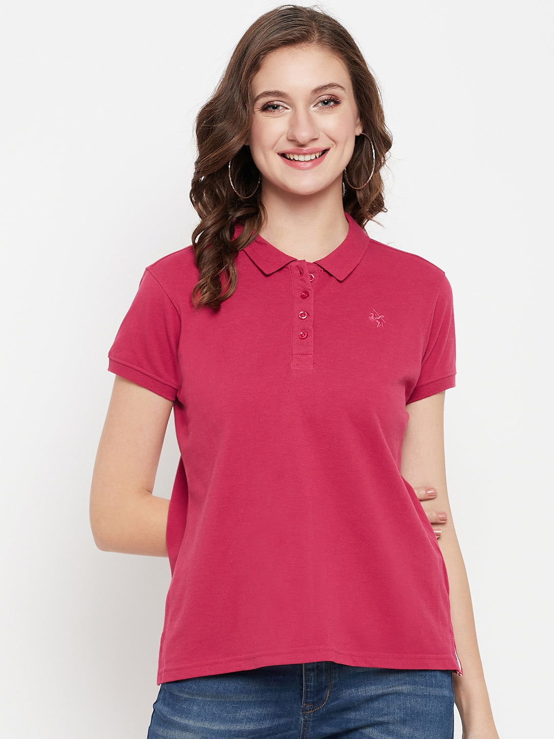 Women's Casual Regular Short Sleeve Dark Pink Polo neck T-Shirt