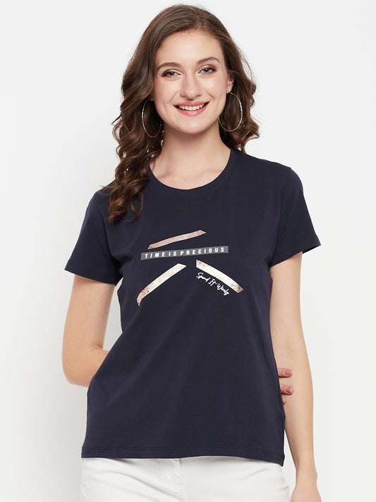 Cantabil Women Navy Round Neck T-Shirt (7135523405963)
