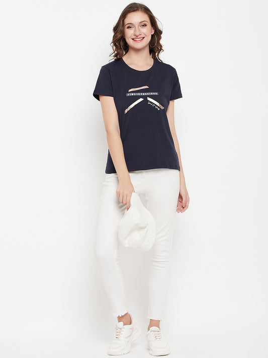 Cantabil Women Navy Round Neck T-Shirt (7135523405963)