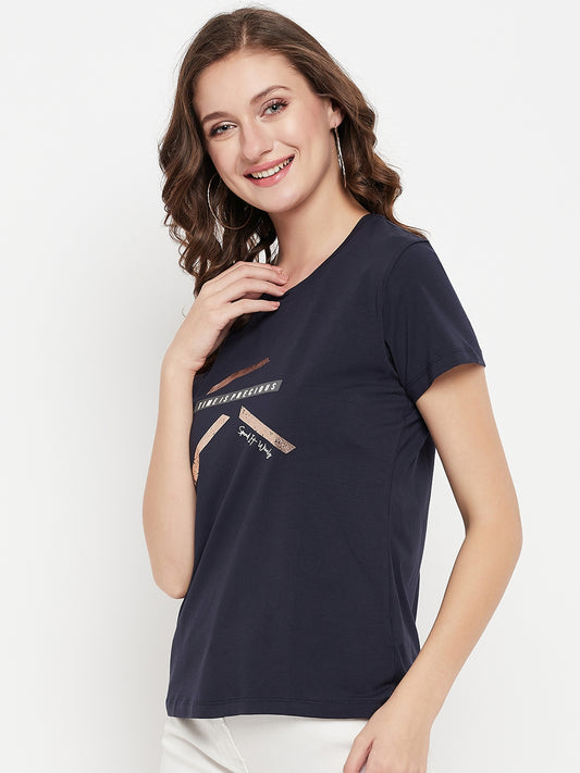 Cantabil Women Navy Round Neck T-Shirt (7135523405963)