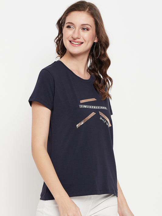 Cantabil Women Navy Round Neck T-Shirt (7135523405963)