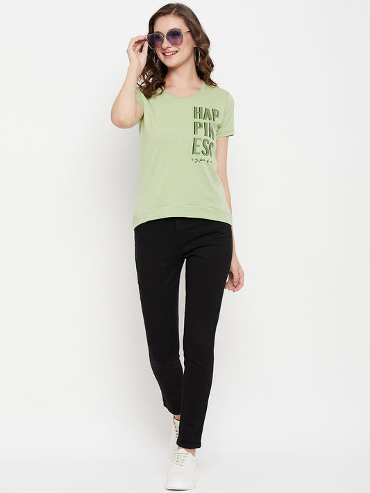 Women's Casual Regular Short Sleeve Light Green Round neck Typographic Print T-Shirt