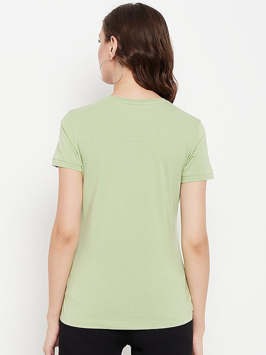 Women's Casual Regular Short Sleeve Light Green Round neck Typographic Print T-Shirt
