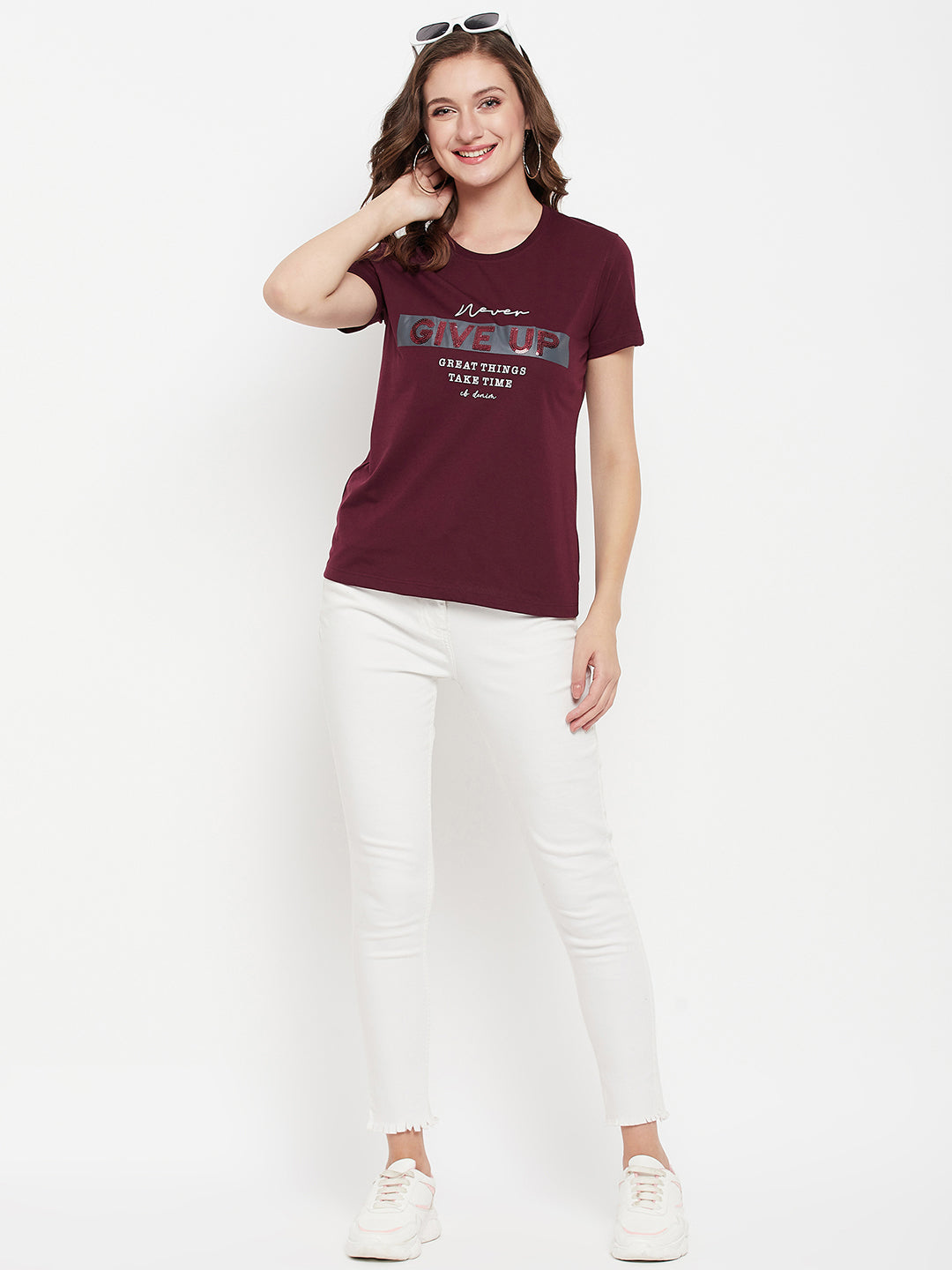 Cantabil Women Wine Round NeckT-Shirt (7135556370571)