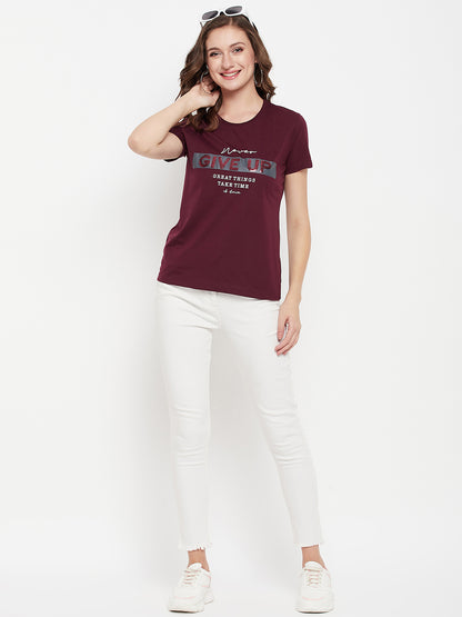 Cantabil Women Wine Round NeckT-Shirt (7135556370571)