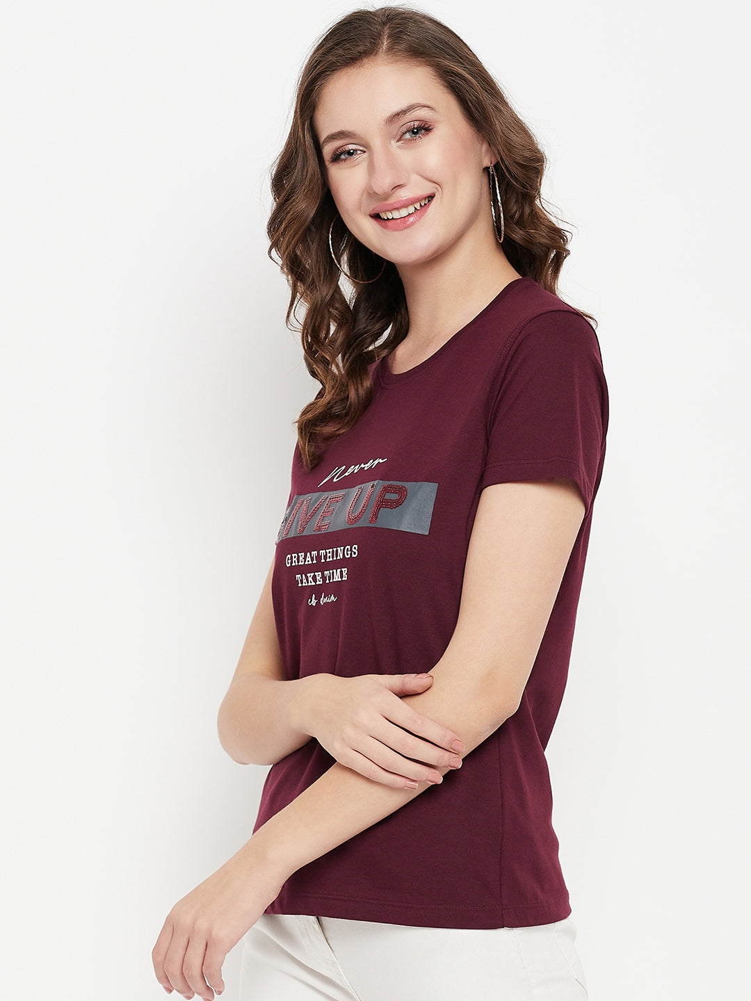 Cantabil Women Wine Round NeckT-Shirt (7135556370571)