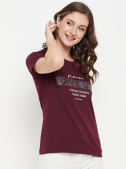 Cantabil Women Wine Round NeckT-Shirt (7135556370571)