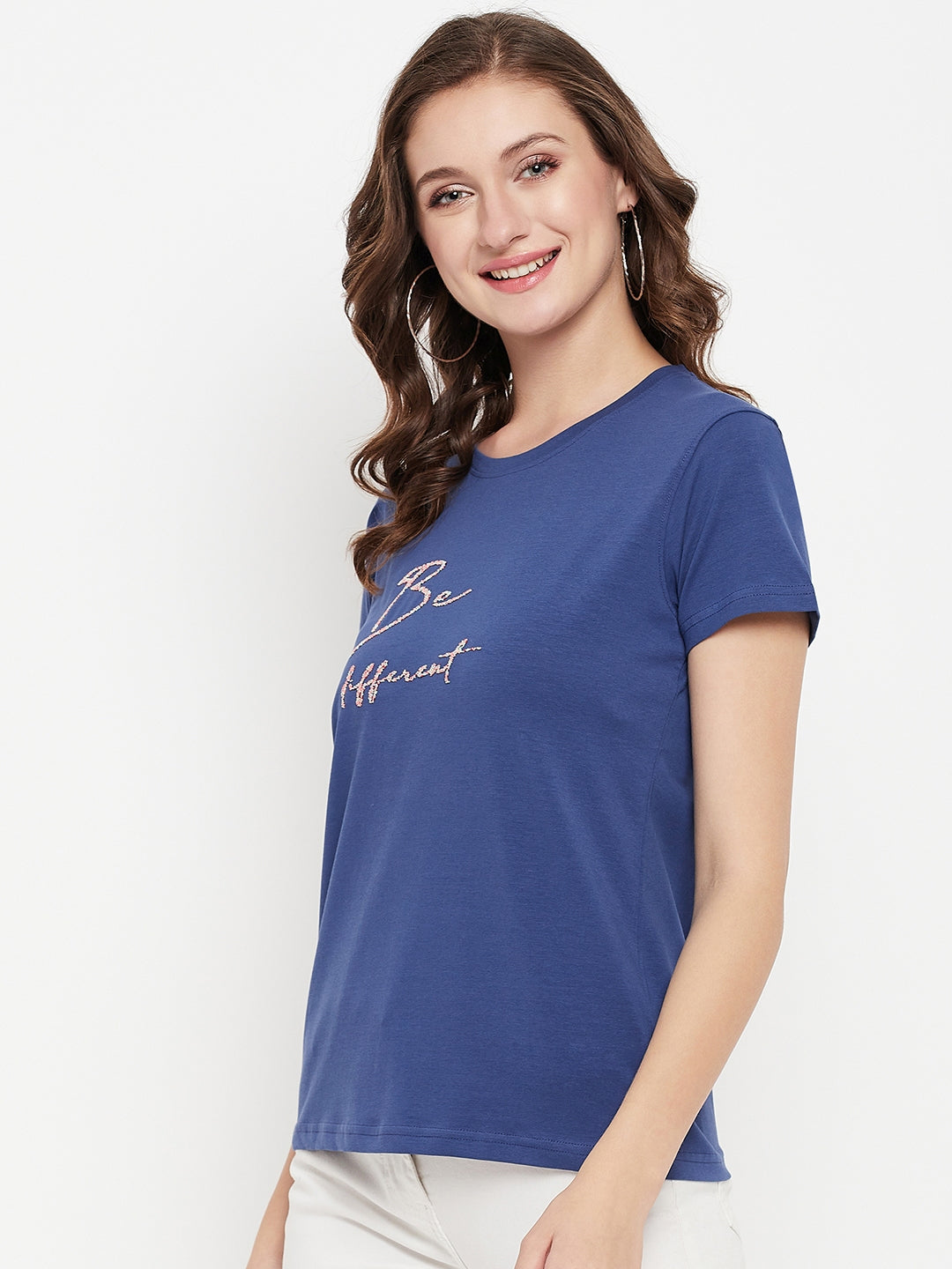 Cantabil Women Blue Round Neck T-Shirt (7135539396747)