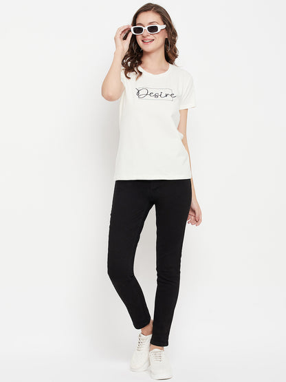 Cantabil Women Off White Round Neck T-Shirt (7135557124235)