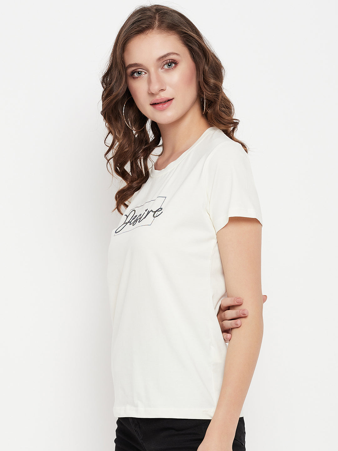 Cantabil Women Off White Round Neck T-Shirt (7135557124235)