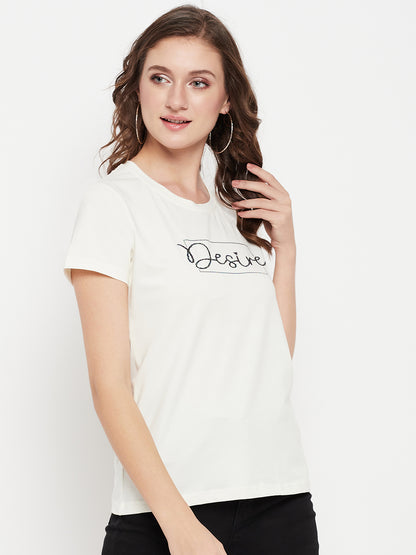 Cantabil Women Off White Round Neck T-Shirt (7135557124235)