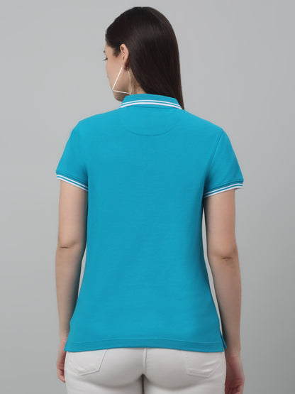 Women's Casual Regular Short Sleeve Blue Polo neck  T-Shirt