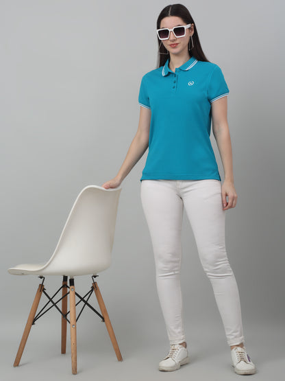 Women's Casual Regular Short Sleeve Blue Polo neck  T-Shirt