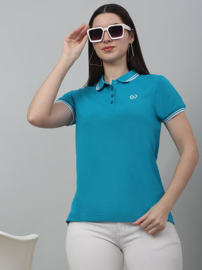 Women's Casual Regular Short Sleeve Blue Polo neck  T-Shirt